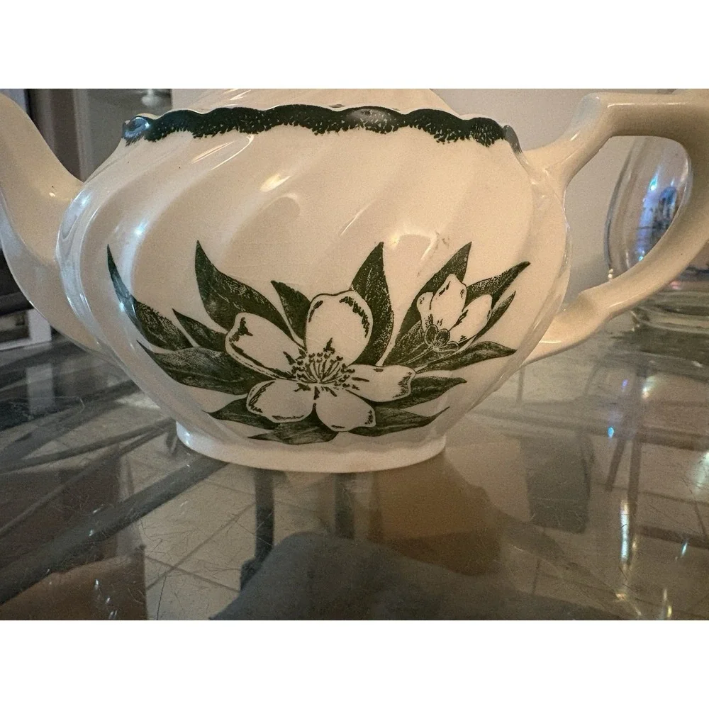 VTG Ceramic Teapot Swirl Body Green Floral Dogwood Flower Transferware 9.5